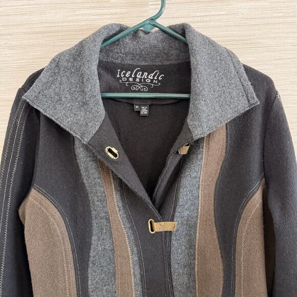 ICELANDIC DESIGN Wool Brown & Black Seam Jacket Button Front Size M Zip Pockets - Picture 2 of 8
